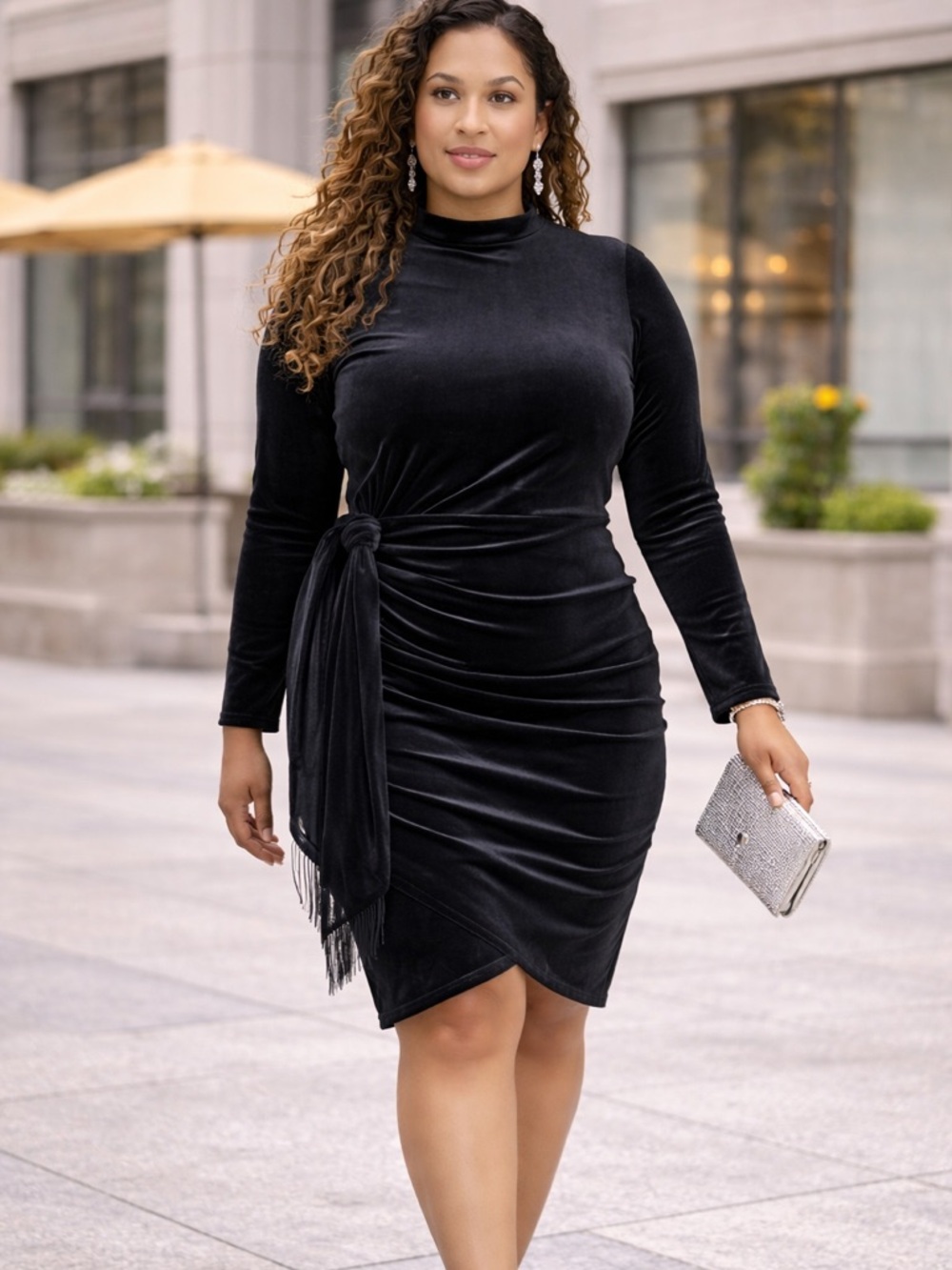 Tahari Plus Size Black Velvet Mock-Neck Draped Bodycon Dress 20W NWT